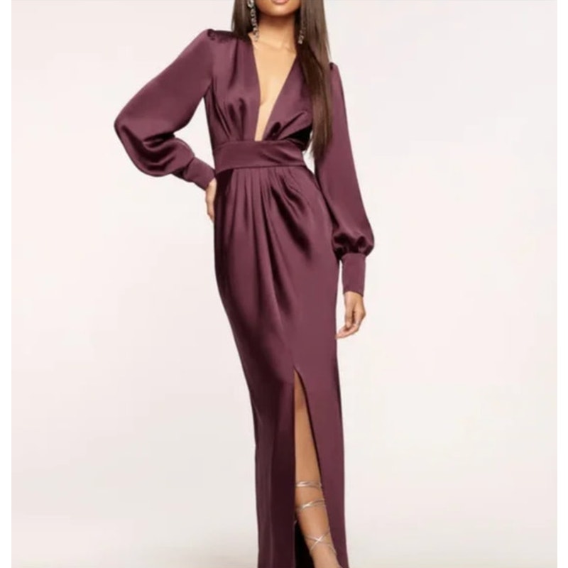Ramy Brook Madalane Dress Size 00 Cabernet Maroon $695 Deep V Long Sleeve